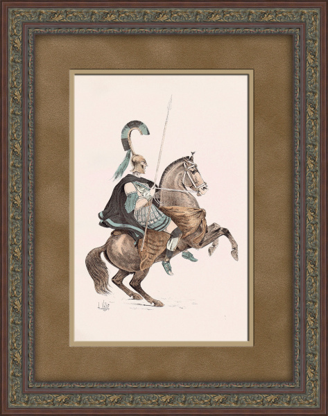 Древнегреческий воин на коне. Антикварная литография