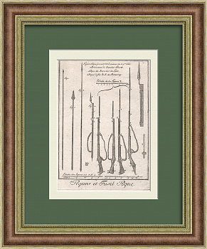 Оружие эпохи Просвещения: пики и штыки для мушкетов. Старинная гравюра 18 века