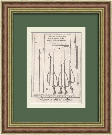 Оружие эпохи Просвещения: пики и штыки для мушкетов. Старинная гравюра 18 века