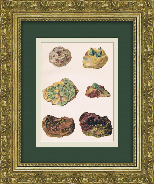 Минералы и самоцветы: бирюза, лазулит, уранит и др. Хромолитография в раме