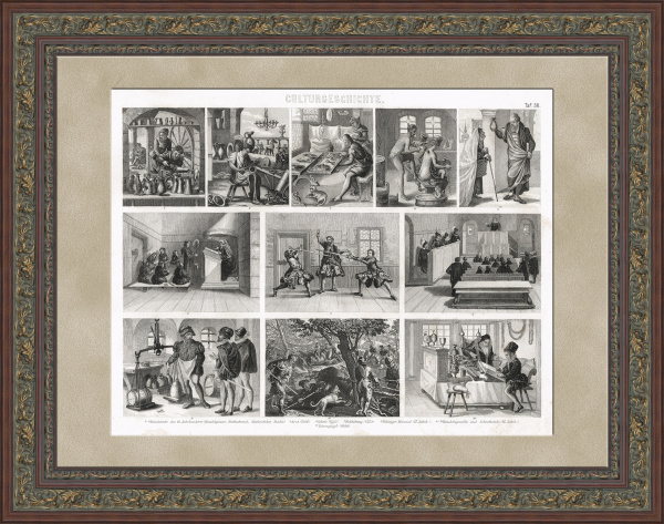 Наука, ремесла, торговля и охота Западной Европы. Старинная гравюра