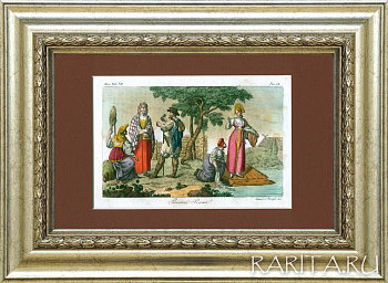 Костюмы русских крестьян, старинная гравюра с ручной раскраской, 1826 г.