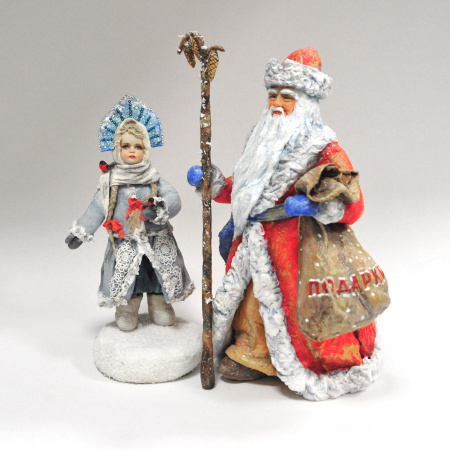 дед мороз и снегурочка: авторская скульптура из папье-маше 26 см