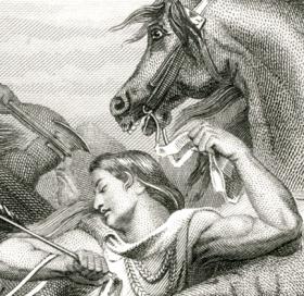 Битва при Толбиаке в 496 г., старинная гравюра с картины А. Шеффера