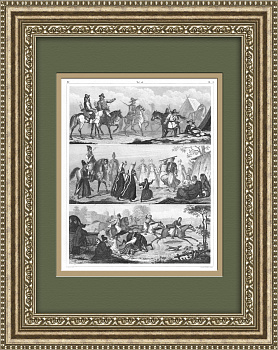 Всадники: русские, киргизы, балканцы, турки. Редкая антикварная гравюра 19 века
