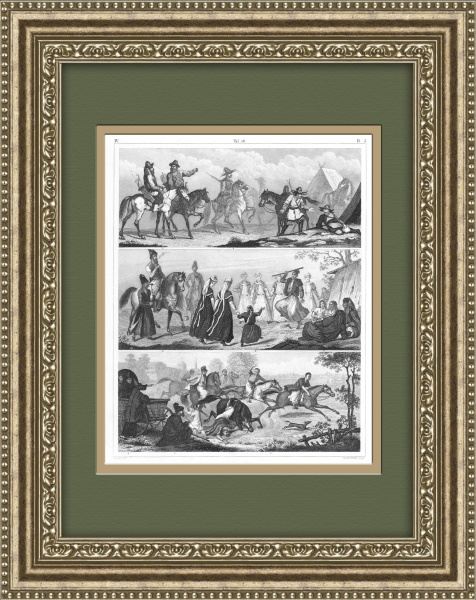 Всадники: русские, киргизы, балканцы, турки. Редкая антикварная гравюра 19 века