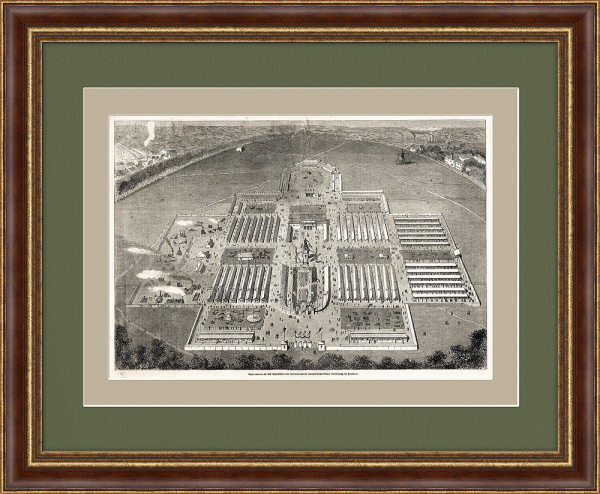 Международная сельскохозяйственная выставка в Гамбурге 1863 : панорама с птичьего полета. Антикварная гравюра