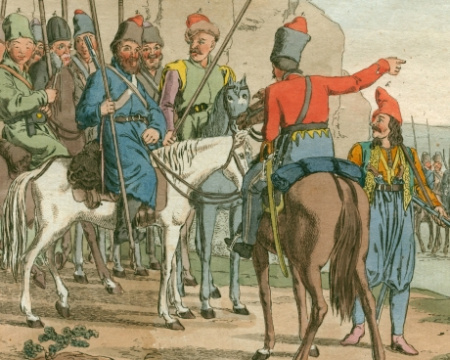 русская нерегулярная кавалерия: донские и уральские казаки, казаки черного моря, калмыки и албанцы, гравюра 18 века