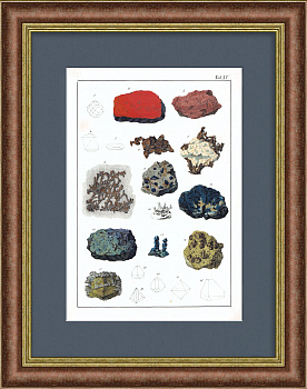 Медный колчедан, ртуть, киноварь и др. Гравюра с ручной раскраской