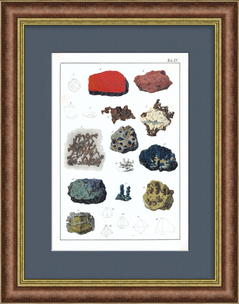 Медный колчедан, ртуть, киноварь и др. Гравюра с ручной раскраской