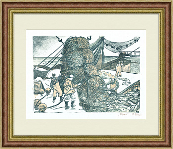 Промышленная ловля рыбы тралом. Авторская литография Н. Боровой