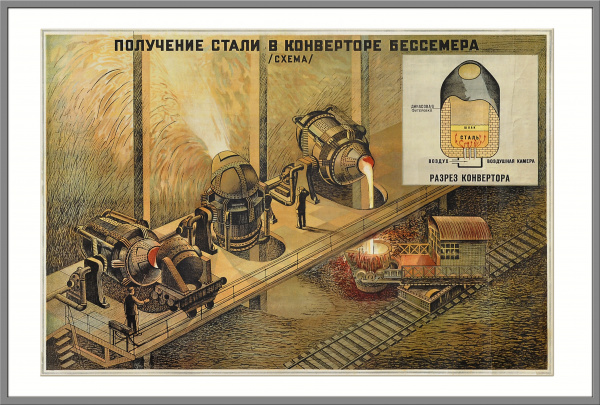 Получение стали в конвертере Бессемера, советский плакат