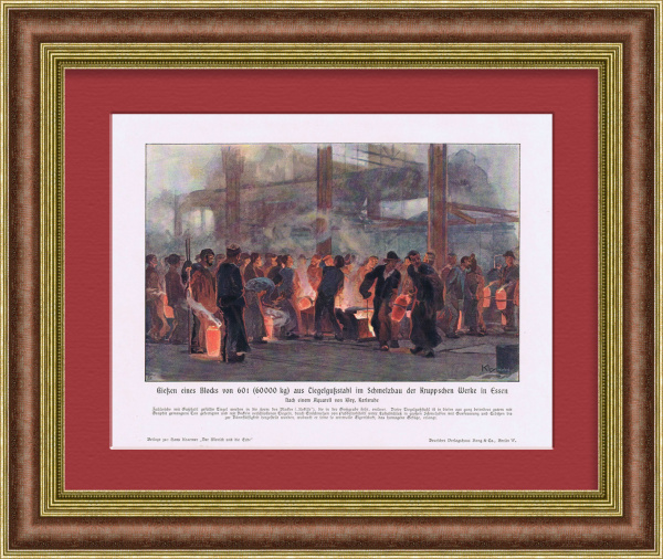 Антикварная литография 1905 г. "Отливка металлического изделия на заводе Круппа"