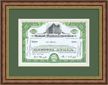 Сертификат на 10 акций компании  Stewart Warner Corporation, 1965 года. Производство автозапчастей
