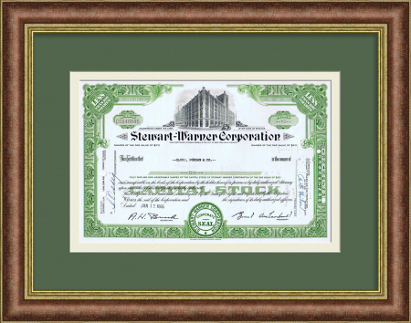 Сертификат на 10 акций компании  Stewart Warner Corporation, 1965 года. Производство автозапчастей