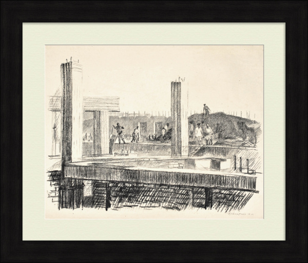 На строительстве. Узбекистан. Редкая гравюра 1943 года На строительстве. Узбекистан. Редкая гравюра 1943 года