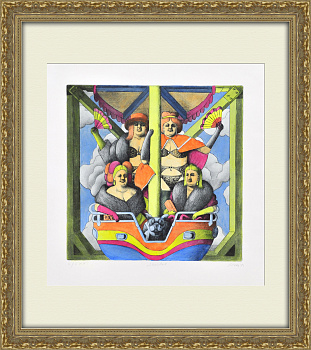 Вечеринка с дамами: четыре женщины с бульдогом на воздушном шаре. Большая цветная гравюра