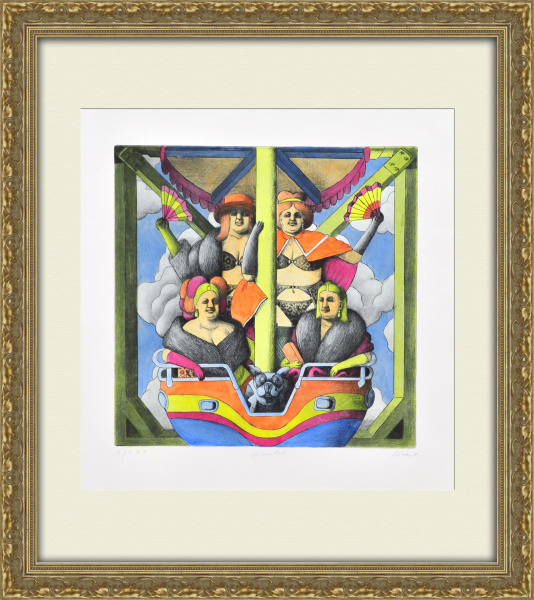 Вечеринка с дамами: четыре женщины с бульдогом на воздушном шаре. Большая цветная гравюра