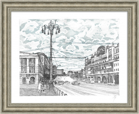 Театральный проезд, Москва. Авторская, винтажная гравюра