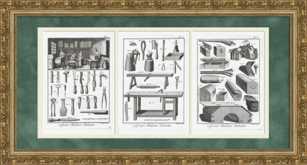 Изготовление  сундуков, чемоданов, кофров. Три гравюры XVIII века Изготовление  сундуков, чемоданов, кофров. Три гравюры XVIII века