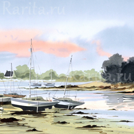 лодки на закате. авторская литография л. стефани