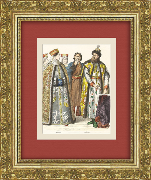 Древняя Русь, костюмы боярыни и боярина 17 века. Антикварная литография