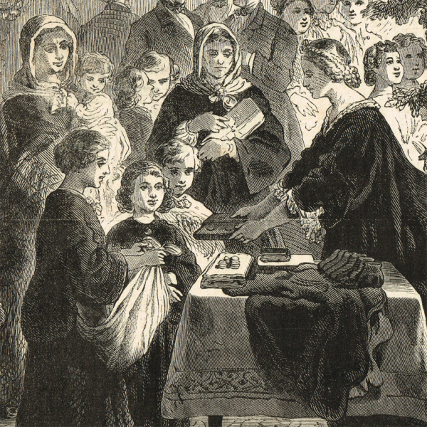 рождественские подарки. старинная гравюра в раме, 1863 г.