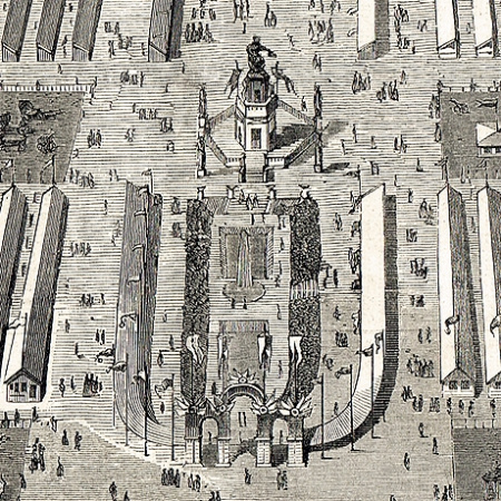 международная сельскохозяйственная выставка в гамбурге 1863 : панорама с птичьего полета. антикварная гравюра