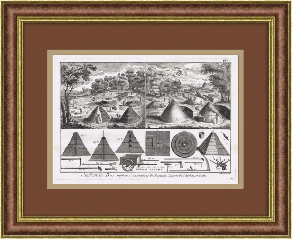 Изготовление угля. Антикварная гравюры на меди 1780-х гг. Изготовление угля. Антикварная гравюры на меди 1780-х гг.