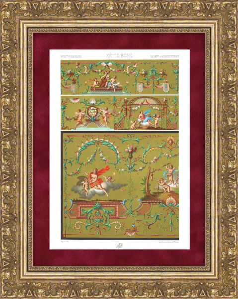 Аллегории, живопись и орнамент 18 века. Золотая антикварная хромолитография