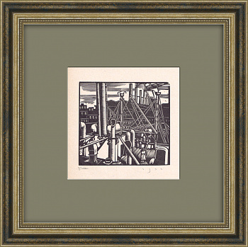 Индустриальный городской пейзаж, авторская гравюра на дереве Эрика Гилла