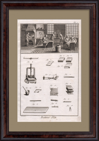 Золотых дел мастерская. Работа с драгметаллами в 18 веке, уникальная старинная гравюра