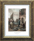 "Торговля рыбой", антикварная литография по картине 17 в.