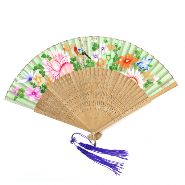 Винтажный китайский веер "Алая птица среди цветов"