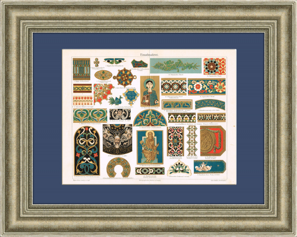 Орнаменты цветных эмалей на ювелирных изделиях, конец 19 века. Антикварная литография