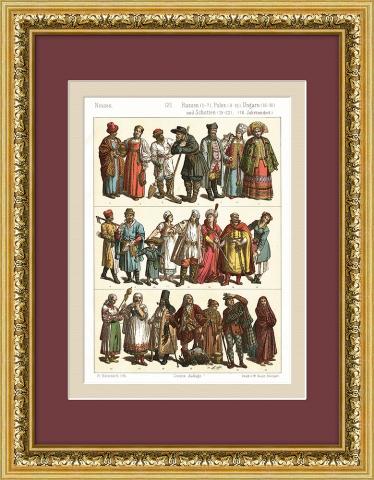 Средневековые костюмы разных сословий в России, Польше, Венгрии и Шотландии. Хромолитография, 1888 г.