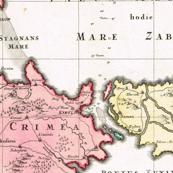 Азовское море, Крым, Кубань, Тамань и другие территории Юга. Редкая антикварная карта 1740 года Виды городов азовское море, крым, кубань, тамань и другие территории юга. редкая антикварная карта 1740 года