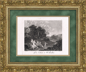 Пейзаж с нимфами и амурами. Старинная гравюра по картине К. Поеленбурга