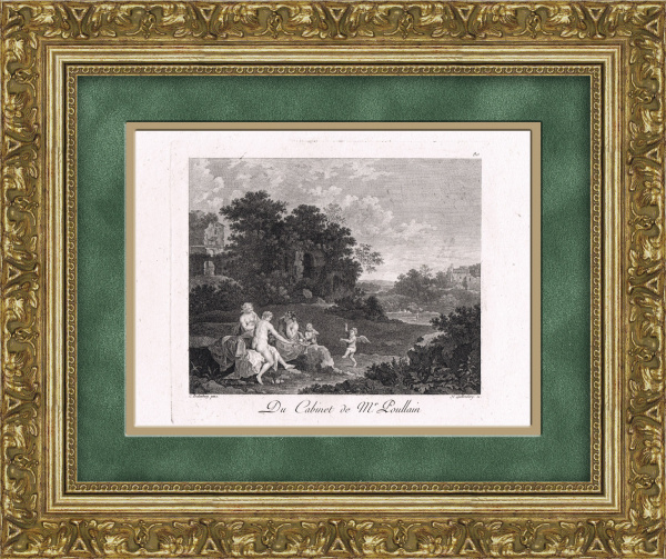 Пейзаж с нимфами и амурами. Старинная гравюра по картине К. Поеленбурга