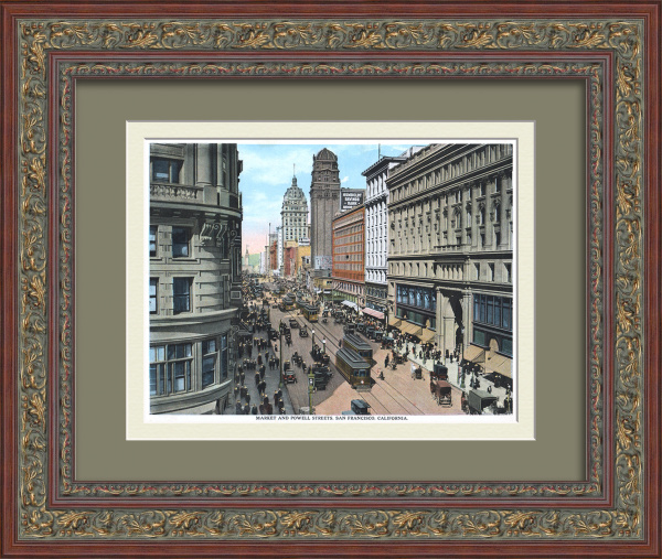 Вид на Пауэлл-стрит и Маркет-стрит в Сан-Франциско, Калифорния. Антикварная, тиражная графика