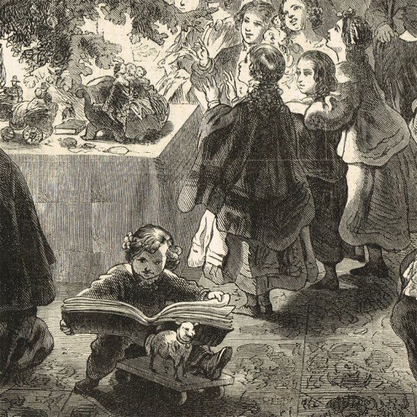 рождественские подарки. старинная гравюра в раме, 1863 г.