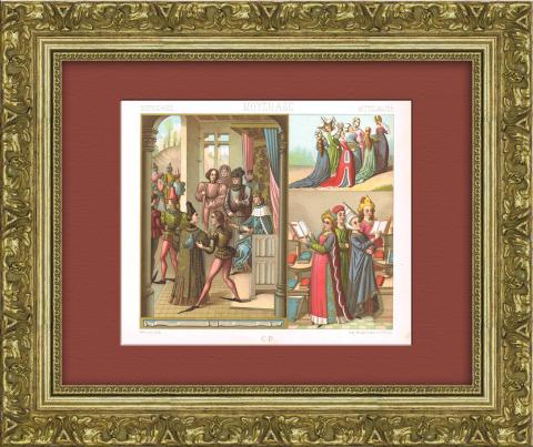 Средневековье: аудиенция у монарха, дамы поют и музицируют. Старинная литография