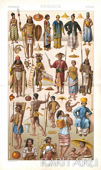 Жители Океании: одежда, оружие и экипировка. Старинная хромолитография