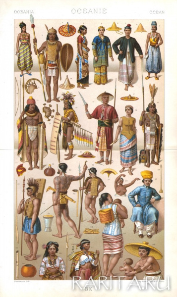 Жители Океании: одежда, оружие и экипировка. Старинная хромолитография