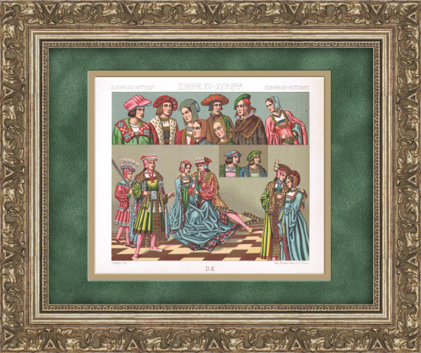 Головные уборы и одежда горожан, Европа XV-XVI века. Антикварная хромолитография