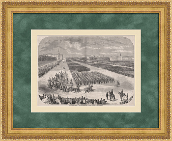 Военный парад на Марсовом поле, Санкт-Петербург. Старинная гравюра 19 века
