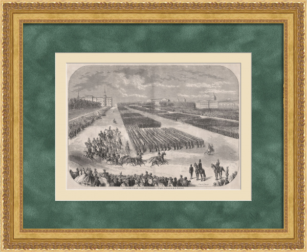 Военный парад на Марсовом поле, Санкт-Петербург. Старинная гравюра 19 века