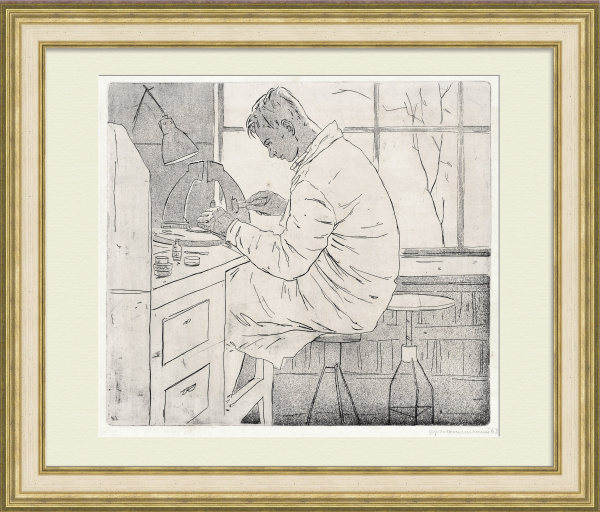 В опытной лаборатории геологии, редкая, авторская гравюра