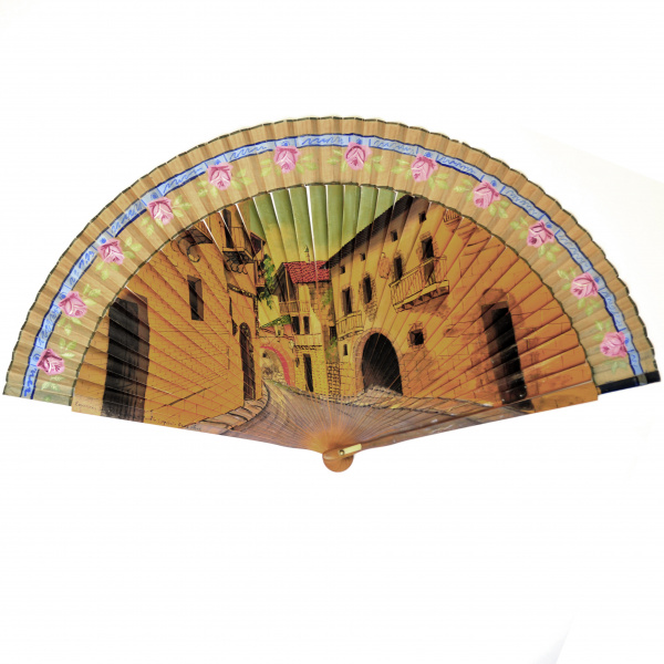 веер "испанская улочка", роспись по шелку, ручная авторская работа. большой короб-витрина