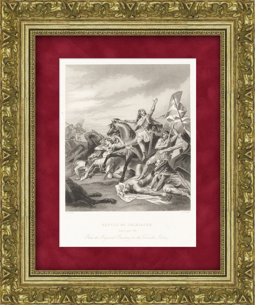 Битва при Толбиаке в 496 г., старинная гравюра с картины А. Шеффера